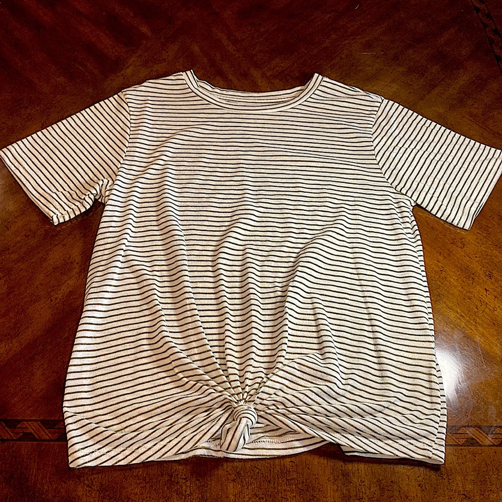 White with green striped tee shirt